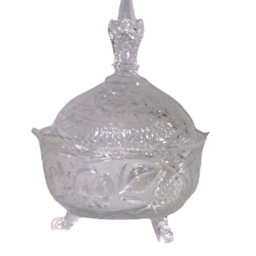 Vintage Cut Glass Bowl w/ Lid Footed Floral Design Sawtooth Rim Elegant EUC